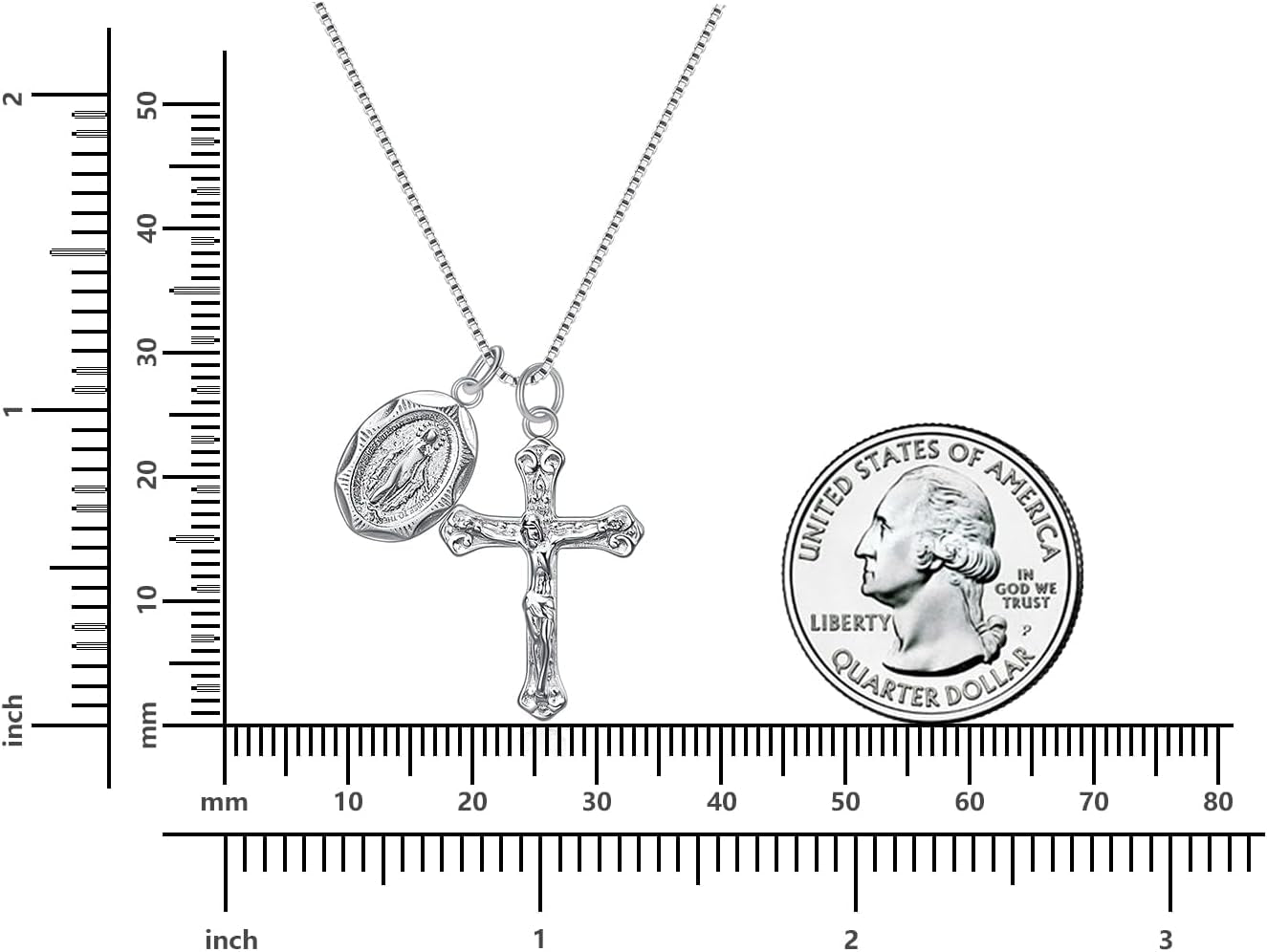 925 Sterling Silver Crucifix Cross and Miraculous Medal Pendant Necklace for Women