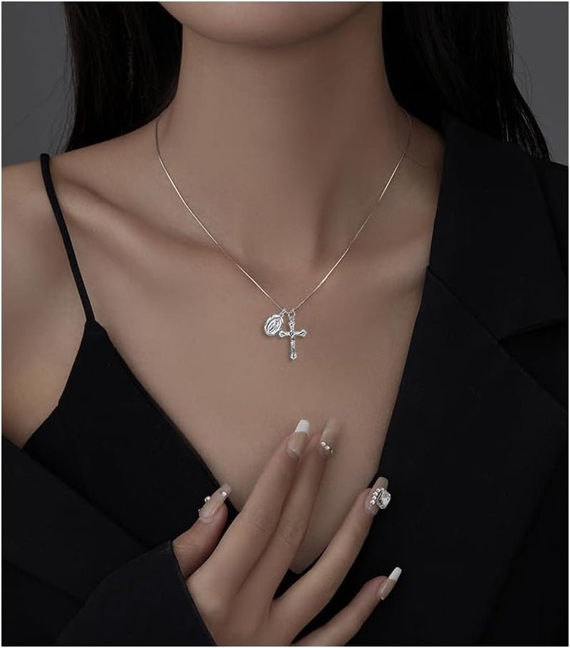 925 Sterling Silver Crucifix Cross and Miraculous Medal Pendant Necklace for Women