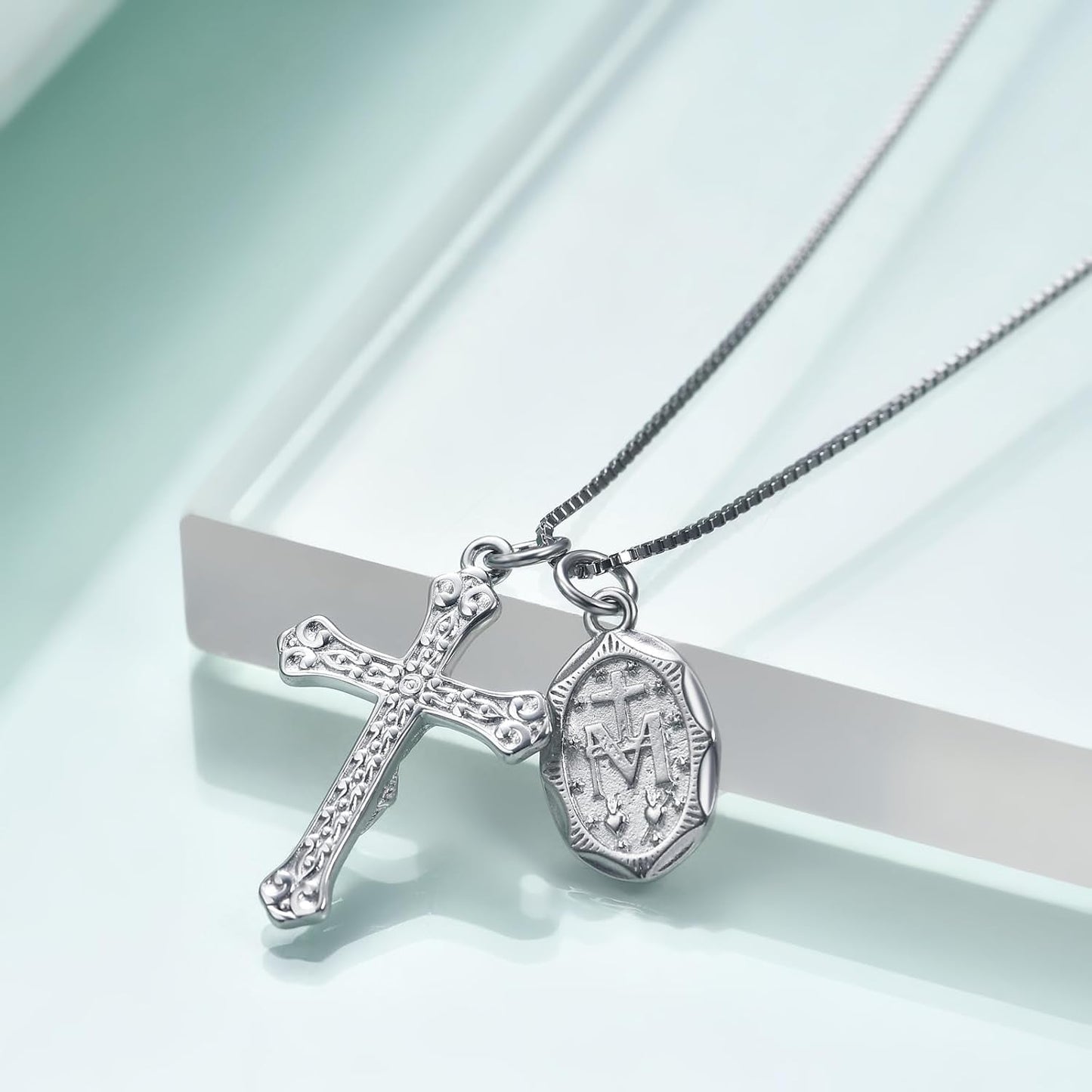 925 Sterling Silver Crucifix Cross and Miraculous Medal Pendant Necklace for Women
