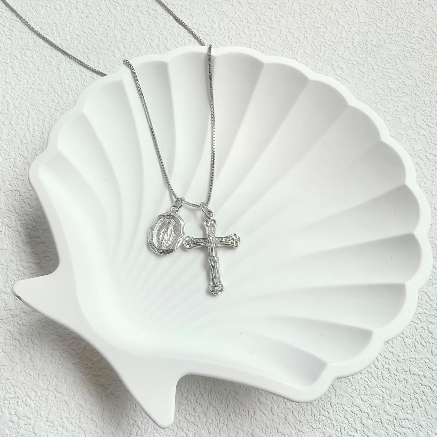 925 Sterling Silver Crucifix Cross and Miraculous Medal Pendant Necklace for Women