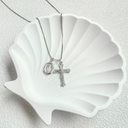 925 Sterling Silver Crucifix Cross and Miraculous Medal Pendant Necklace for Women