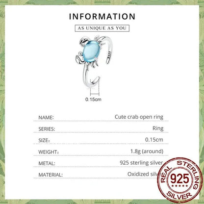 925 Sterling Silver Cute Crab Open Ring In Sterling Silver Delicate Blue Zircon Ring for Women Fashion Jewelry