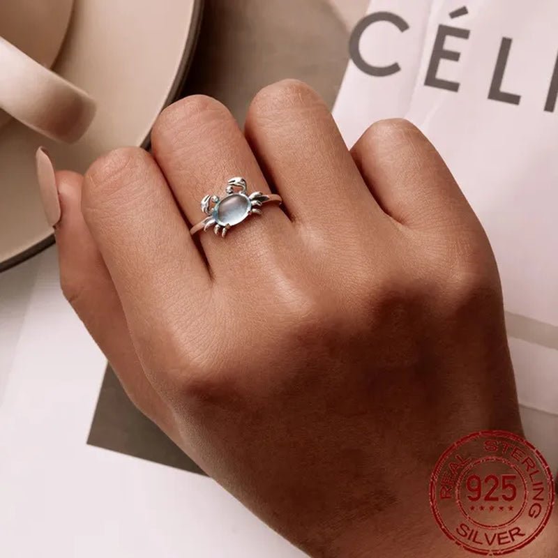 925 Sterling Silver Cute Crab Open Ring In Sterling Silver Delicate Blue Zircon Ring for Women Fashion Jewelry - WORLD TIME VISITS