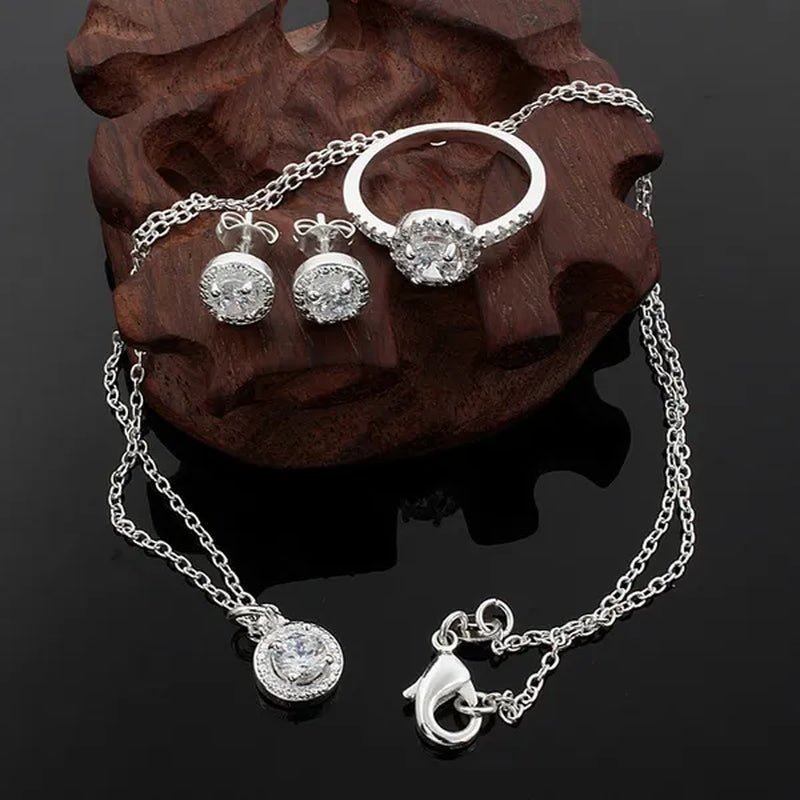 925 Sterling Silver Cute Solid Christmas Gift Noble Fashion Elegant Women Shiny Crystal CZ Necklace Earring Ring Jewelry Set - WORLD TIME VISITS