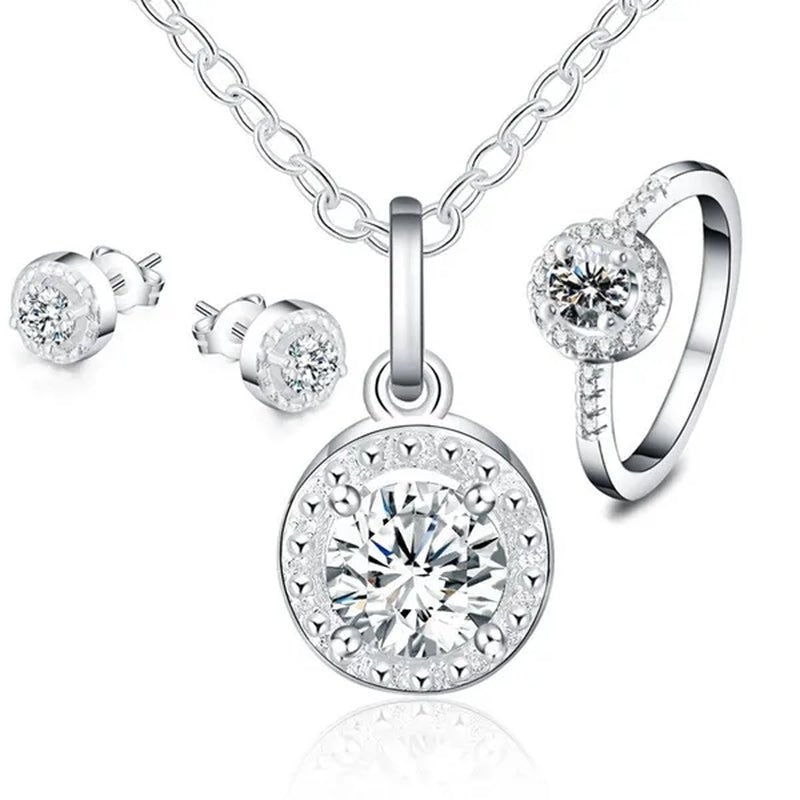 925 Sterling Silver Cute Solid Christmas Gift Noble Fashion Elegant Women Shiny Crystal CZ Necklace Earring Ring Jewelry Set