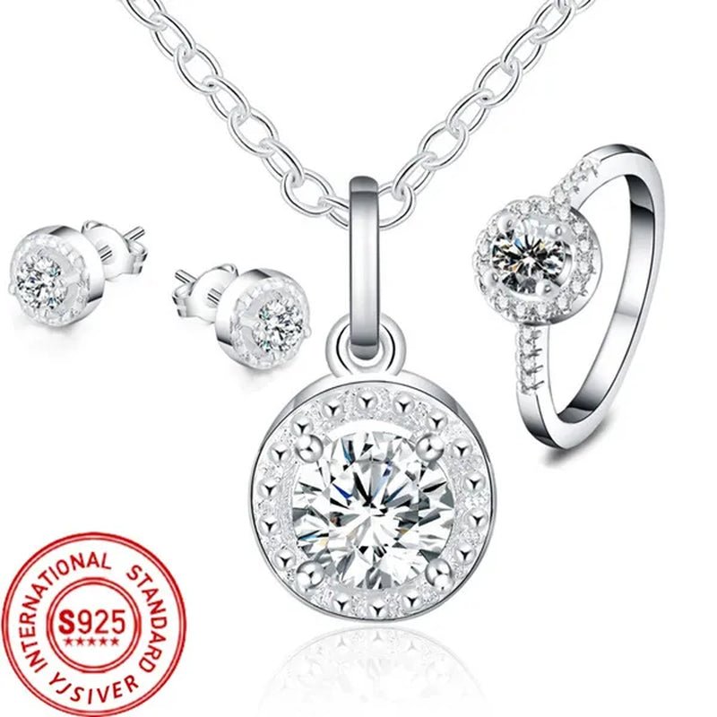 925 Sterling Silver Cute Solid Christmas Gift Noble Fashion Elegant Women Shiny Crystal CZ Necklace Earring Ring Jewelry Set - WORLD TIME VISITS
