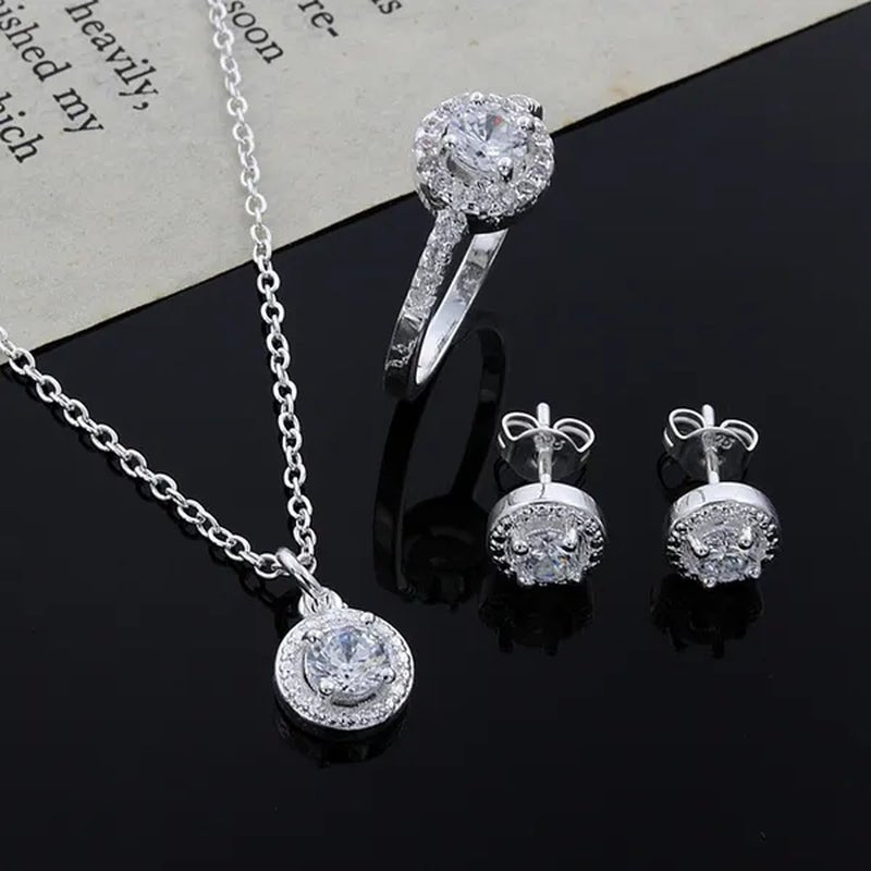 925 Sterling Silver Cute Solid Christmas Gift Noble Fashion Elegant Women Shiny Crystal CZ Necklace Earring Ring Jewelry Set - WORLD TIME VISITS