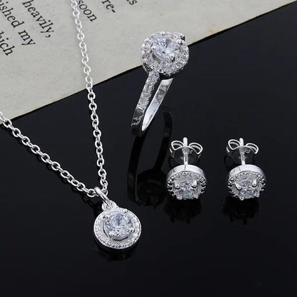 925 Sterling Silver Cute Solid Christmas Gift Noble Fashion Elegant Women Shiny Crystal CZ Necklace Earring Ring Jewelry Set - WORLD TIME VISITS