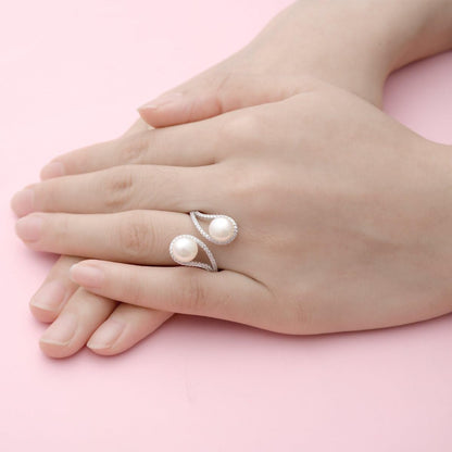 925 Sterling Silver CZ 9MM AAA Freshwater Cultured Pearl Teardrop Engagement Adjustable Ring - WORLD TIME VISITS