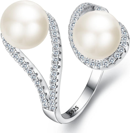 925 Sterling Silver CZ 9MM AAA Freshwater Cultured Pearl Teardrop Engagement Adjustable Ring - WORLD TIME VISITS