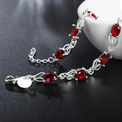 925 Sterling Silver Elegant Charm Beautiful Crystal Stone Red Jewelry Fashion for Women Wedding Bracelets - WORLD TIME VISITS
