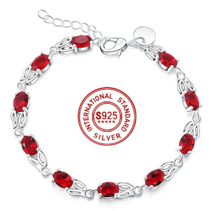 925 Sterling Silver Elegant Charm Beautiful Crystal Stone Red Jewelry Fashion for Women Wedding Bracelets - WORLD TIME VISITS