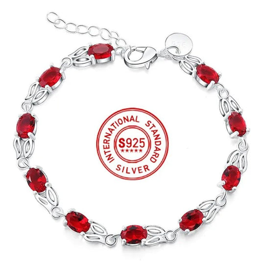 925 Sterling Silver Elegant Charm Beautiful Crystal Stone Red Jewelry Fashion for Women Wedding Bracelets - WORLD TIME VISITS