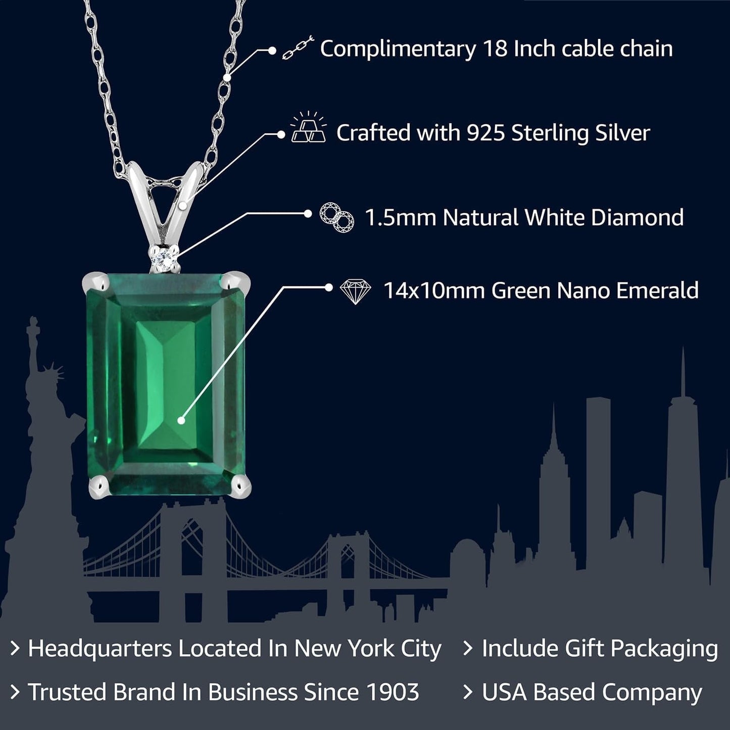 925 Sterling Silver Gemstone Birthstone and White Diamond Necklace | Emerald Cut 14X10MM Pendant Necklace for Women | with 18 Inch Silver Chain - WORLD TIME VISITS