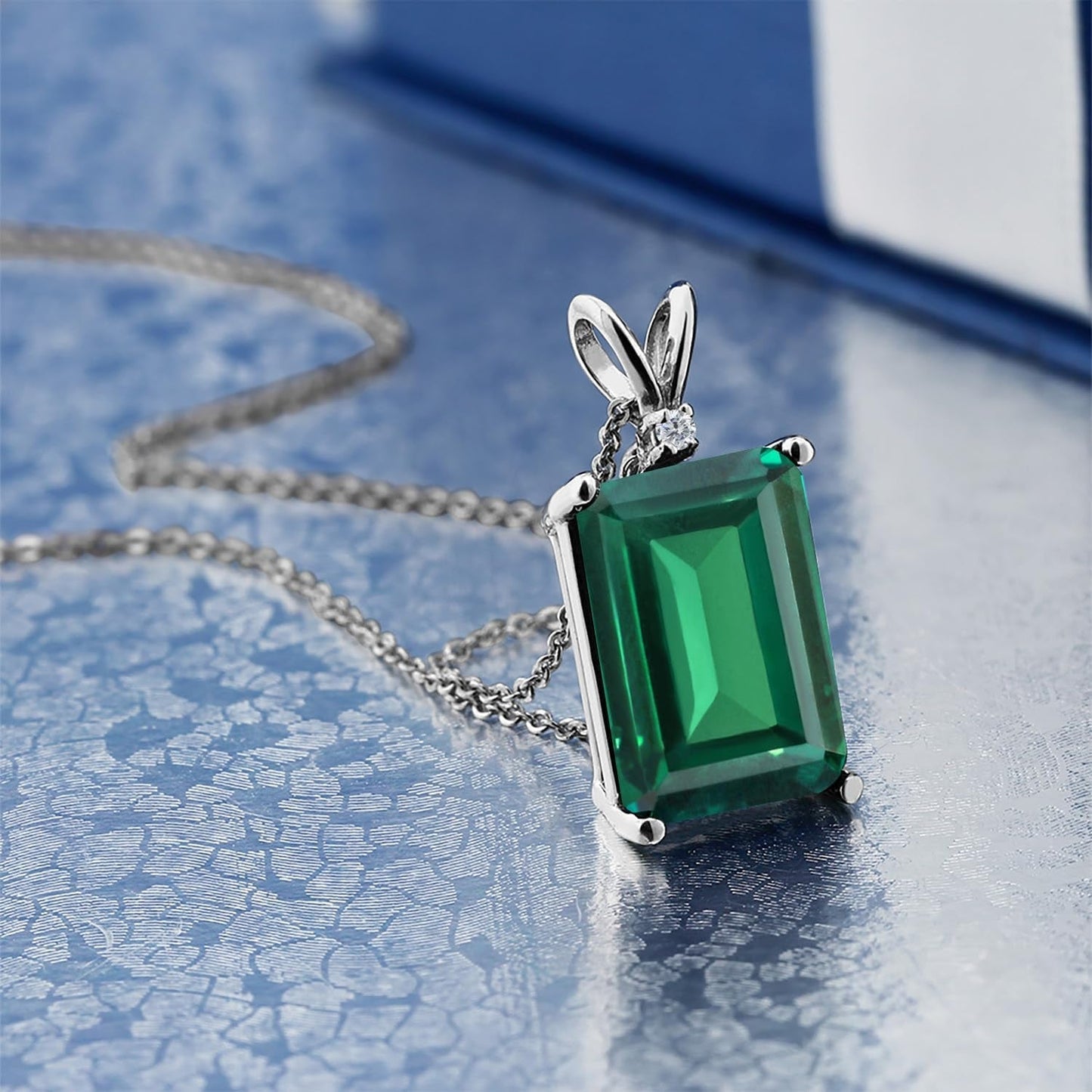 925 Sterling Silver Gemstone Birthstone and White Diamond Necklace | Emerald Cut 14X10MM Pendant Necklace for Women | with 18 Inch Silver Chain