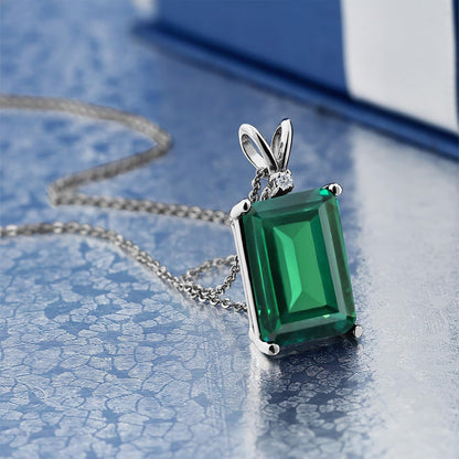 925 Sterling Silver Gemstone Birthstone and White Diamond Necklace | Emerald Cut 14X10MM Pendant Necklace for Women | with 18 Inch Silver Chain