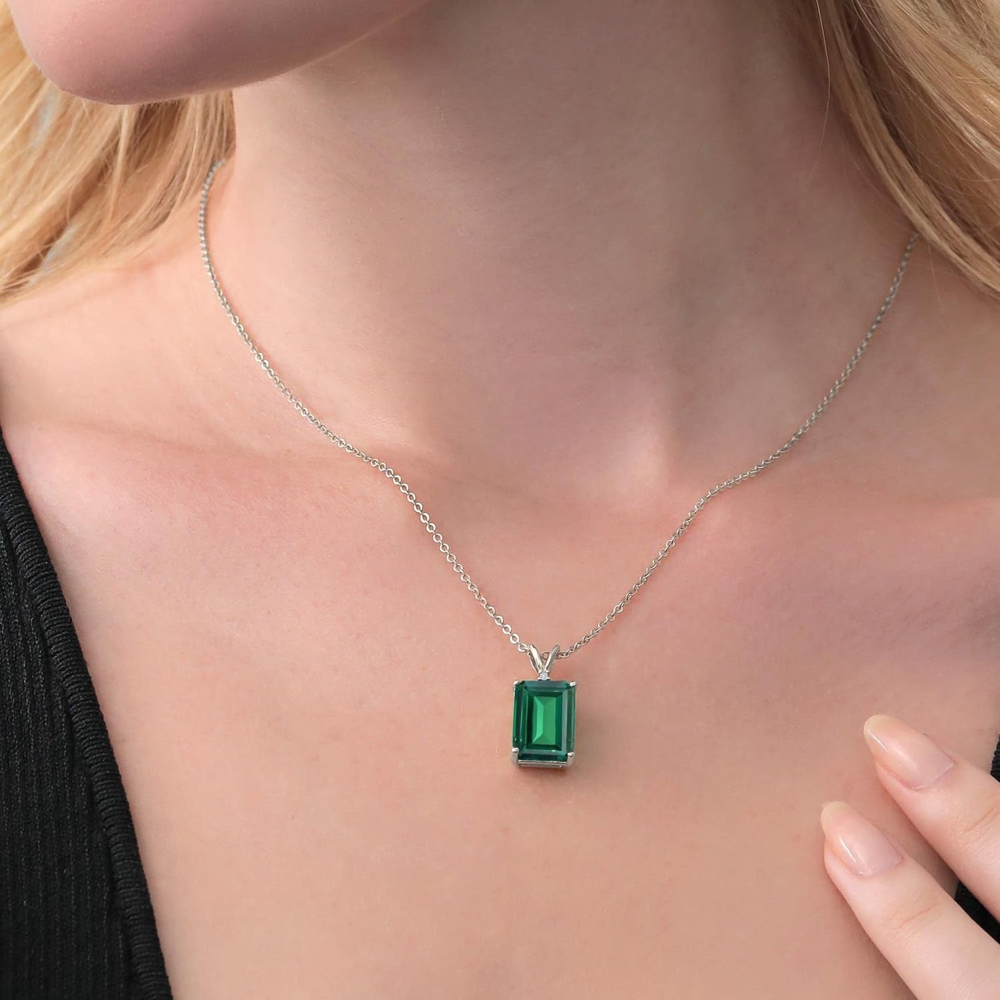 925 Sterling Silver Gemstone Birthstone and White Diamond Necklace | Emerald Cut 14X10MM Pendant Necklace for Women | with 18 Inch Silver Chain