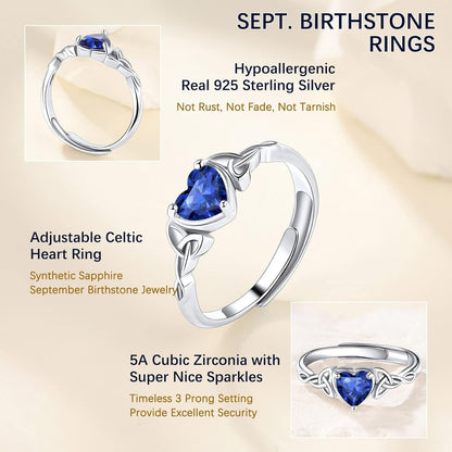 925 Sterling Silver Good Luck Celtic Twisted Knot/Claddagh Heart Birthstone Ring, Thin Delicate Adjustable Promise Engagement Ring Irish Jewelry for Women