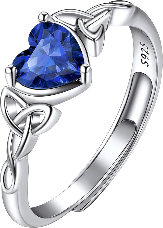 925 Sterling Silver Good Luck Celtic Twisted Knot/Claddagh Heart Birthstone Ring, Thin Delicate Adjustable Promise Engagement Ring Irish Jewelry for Women - WORLD TIME VISITS