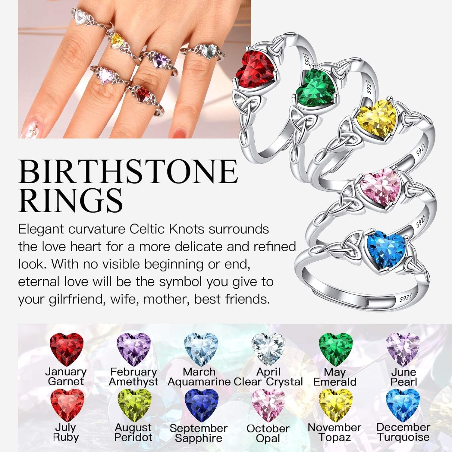 925 Sterling Silver Good Luck Celtic Twisted Knot/Claddagh Heart Birthstone Ring, Thin Delicate Adjustable Promise Engagement Ring Irish Jewelry for Women - WORLD TIME VISITS
