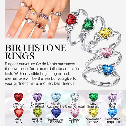 925 Sterling Silver Good Luck Celtic Twisted Knot/Claddagh Heart Birthstone Ring, Thin Delicate Adjustable Promise Engagement Ring Irish Jewelry for Women - WORLD TIME VISITS
