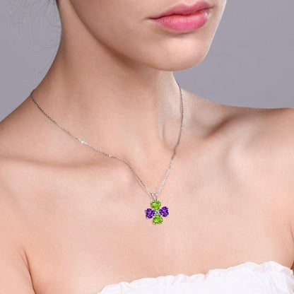925 Sterling Silver Green Peridot and Purple Amethyst 4 Heart Shape Gemstone August Birthstone Pendant Necklace for Women (2.96 Cttw, 6MM Heart, with 18 Inch Silver Chain) - WORLD TIME VISITS