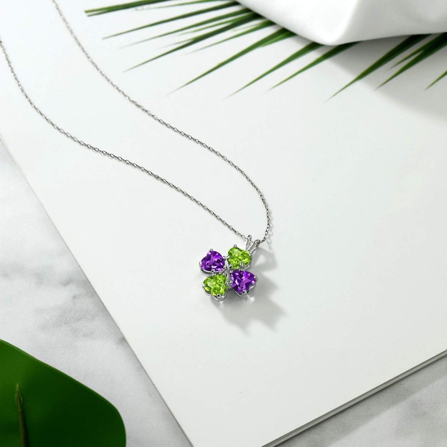 925 Sterling Silver Green Peridot and Purple Amethyst 4 Heart Shape Gemstone August Birthstone Pendant Necklace for Women (2.96 Cttw, 6MM Heart, with 18 Inch Silver Chain)