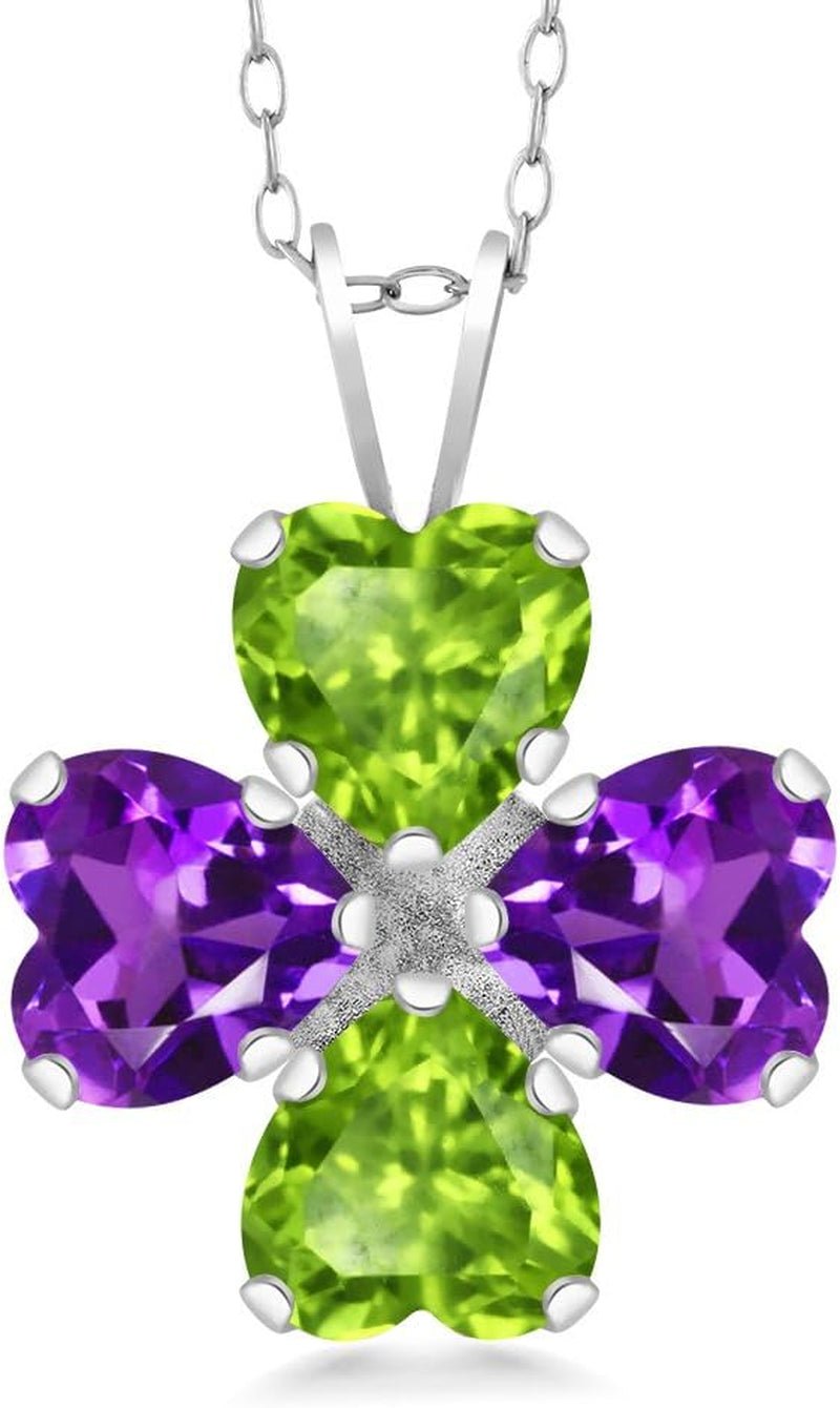 925 Sterling Silver Green Peridot and Purple Amethyst 4 Heart Shape Gemstone August Birthstone Pendant Necklace for Women (2.96 Cttw, 6MM Heart, with 18 Inch Silver Chain) - WORLD TIME VISITS