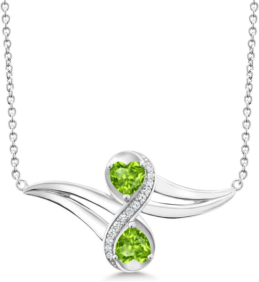 925 Sterling Silver Green Peridot and White Created Sapphire 2 Heart Infinity Pendant Necklace for Women (1.13 Cttw, Gemstone Birthstone, with 18 Inch Silver Chain) - WORLD TIME VISITS