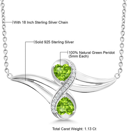 925 Sterling Silver Green Peridot and White Created Sapphire 2 Heart Infinity Pendant Necklace for Women (1.13 Cttw, Gemstone Birthstone, with 18 Inch Silver Chain)