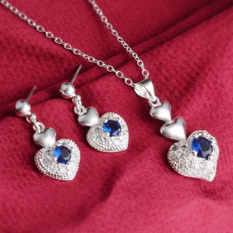925 Sterling Silver Heart Blue Zircon Crystal Pendant Necklace Earrings for Women Party Wedding Jewelry Set - WORLD TIME VISITS