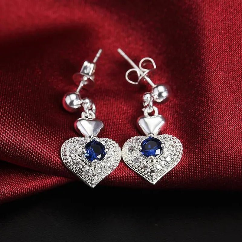 925 Sterling Silver Heart Blue Zircon Crystal Pendant Necklace Earrings for Women Party Wedding Jewelry Set - WORLD TIME VISITS