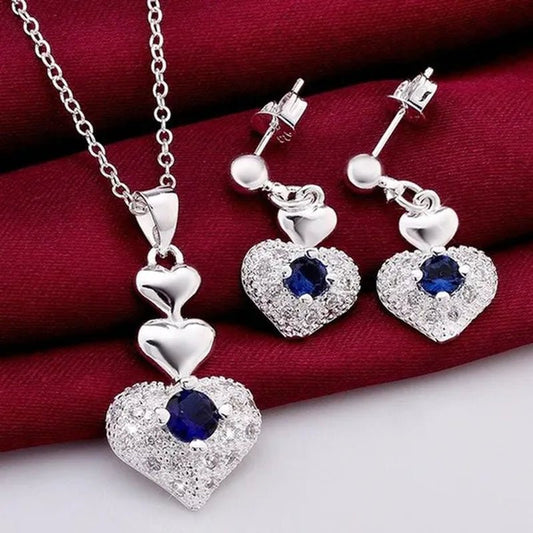 925 Sterling Silver Heart Blue Zircon Crystal Pendant Necklace Earrings for Women Party Wedding Jewelry Set - WORLD TIME VISITS