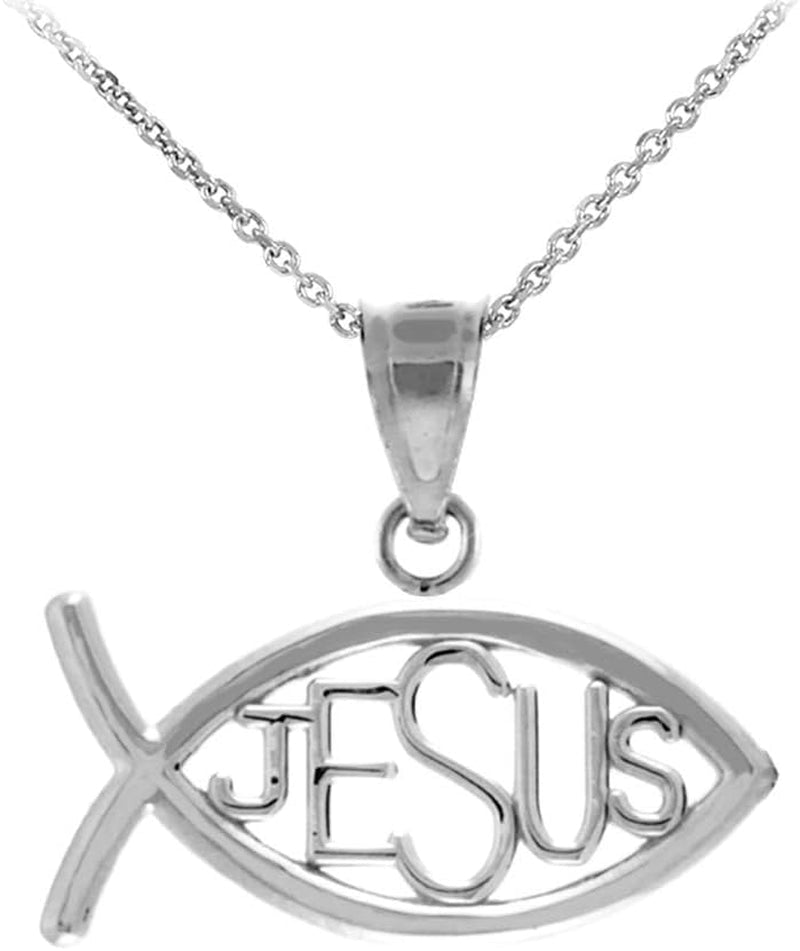925 Sterling Silver Horizontal Jesus Ichthus Charm Christian Fish Pendant Necklace - WORLD TIME VISITS