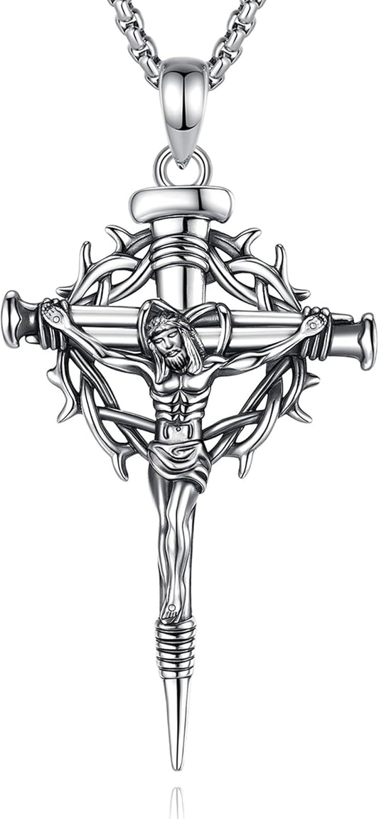 925 Sterling Silver Jesus Crucifix/Orthodox Cross/Crown of Thorns Nail Cross Pendant Necklace Religious Gifts for Men Women - WORLD TIME VISITS