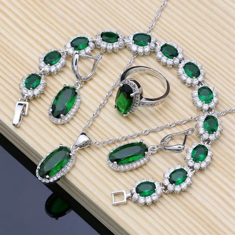 925 Sterling Silver Jewelry Oval Green Emerald Jewelry Sets for Bridal Women Decoration - WORLD TIME VISITS