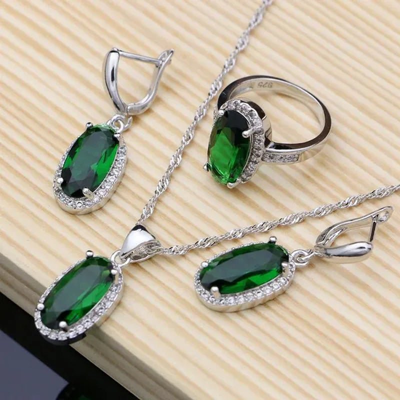 925 Sterling Silver Jewelry Oval Green Emerald Jewelry Sets for Bridal Women Decoration - WORLD TIME VISITS