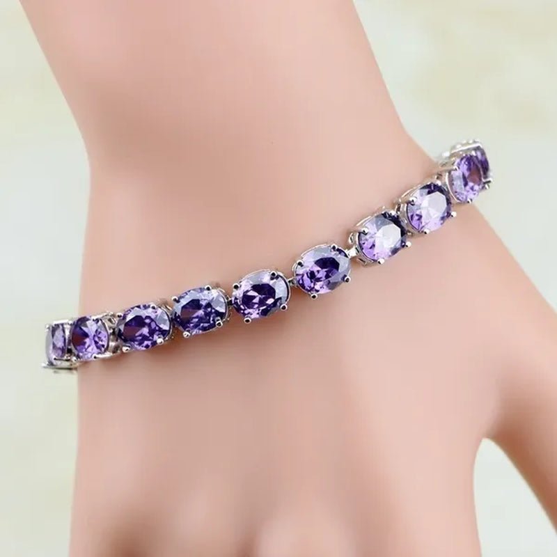 925 Sterling Silver Jewelry Oval Purple Amethyst White Topaz Chain & Link Bracelets For Women Wedding Free Gifts Box