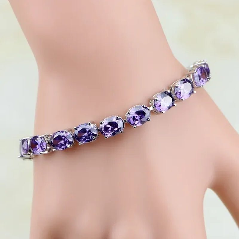 925 Sterling Silver Jewelry Oval Purple Amethyst White Topaz Chain & Link Bracelets For Women Wedding Free Gifts Box
