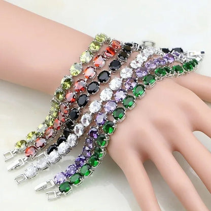 925 Sterling Silver Jewelry Oval Purple Amethyst White Topaz Chain & Link Bracelets For Women Wedding Free Gifts Box