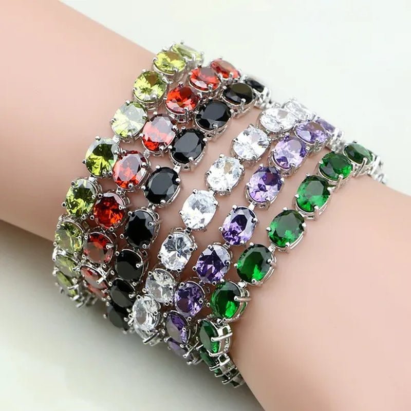 925 Sterling Silver Jewelry Oval Purple Amethyst White Topaz Chain & Link Bracelets For Women Wedding Free Gifts Box - WORLD TIME VISITS