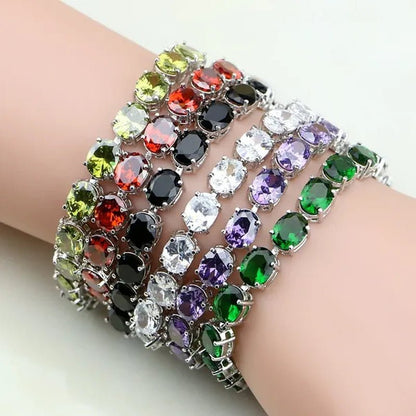 925 Sterling Silver Jewelry Oval Purple Amethyst White Topaz Chain & Link Bracelets For Women Wedding Free Gifts Box - WORLD TIME VISITS