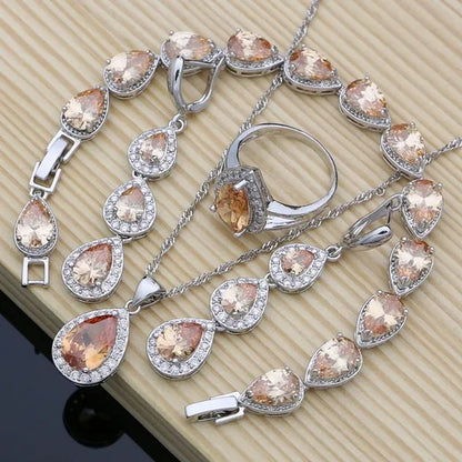 925 Sterling Silver Jewelry Set Natural Champagne Topaz Gemstone Charm for Women Wedding Jewellery