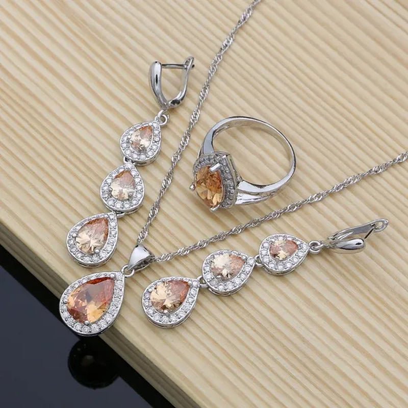 925 Sterling Silver Jewelry Set Natural Champagne Topaz Gemstone Charm for Women Wedding Jewellery - WORLD TIME VISITS