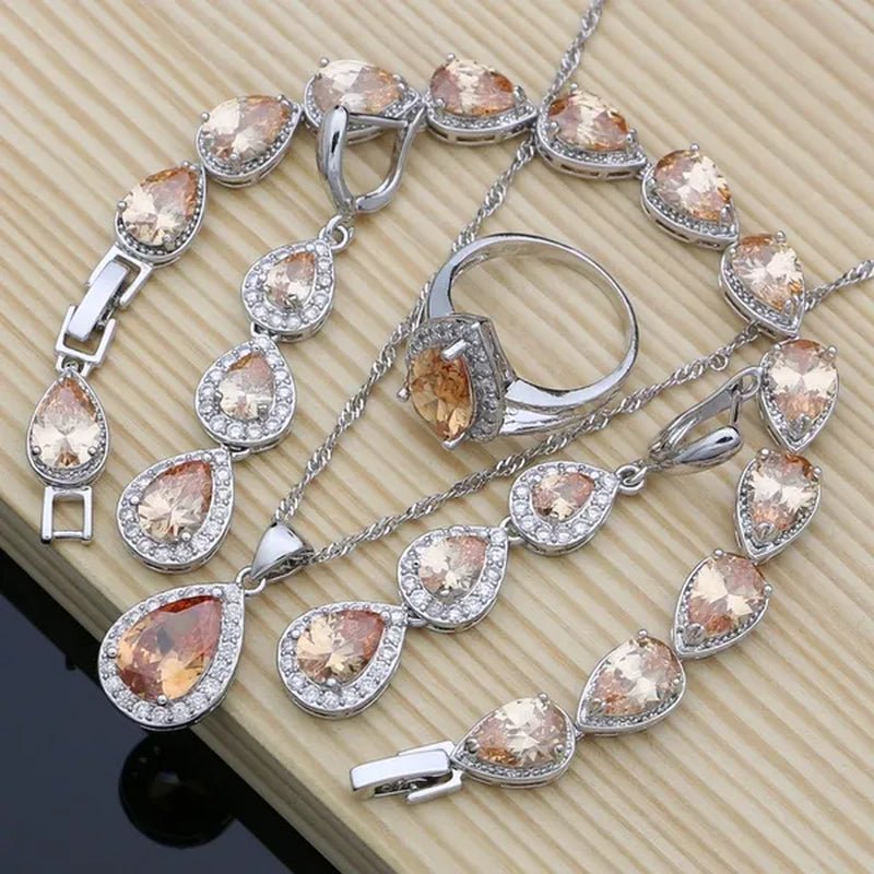925 Sterling Silver Jewelry Set Natural Champagne Topaz Gemstone Charm for Women Wedding Jewellery - WORLD TIME VISITS
