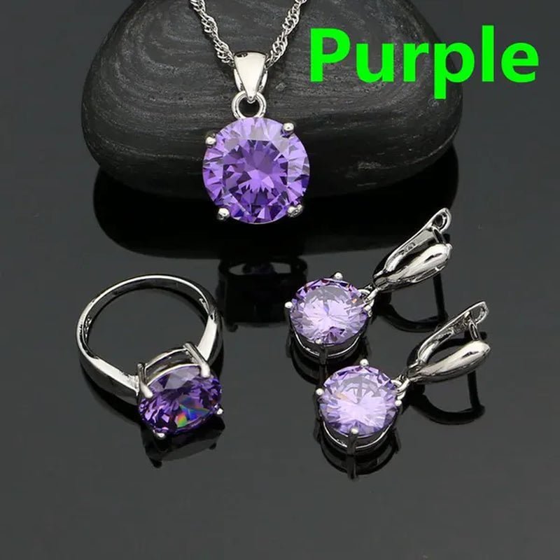 925 Sterling Silver Jewelry Sets Green Emerald Earrings Ring Pendant Neckalce Round Jewelry Women Accessories - WORLD TIME VISITS