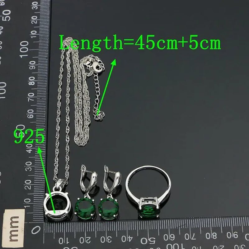 925 Sterling Silver Jewelry Sets Green Emerald Earrings Ring Pendant Neckalce Round Jewelry Women Accessories