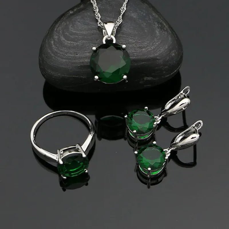 925 Sterling Silver Jewelry Sets Green Emerald Earrings Ring Pendant Neckalce Round Jewelry Women Accessories - WORLD TIME VISITS