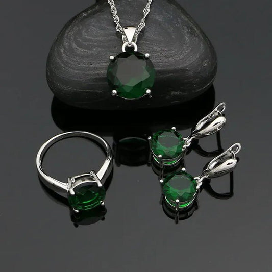 925 Sterling Silver Jewelry Sets Green Emerald Earrings Ring Pendant Neckalce Round Jewelry Women Accessories - WORLD TIME VISITS