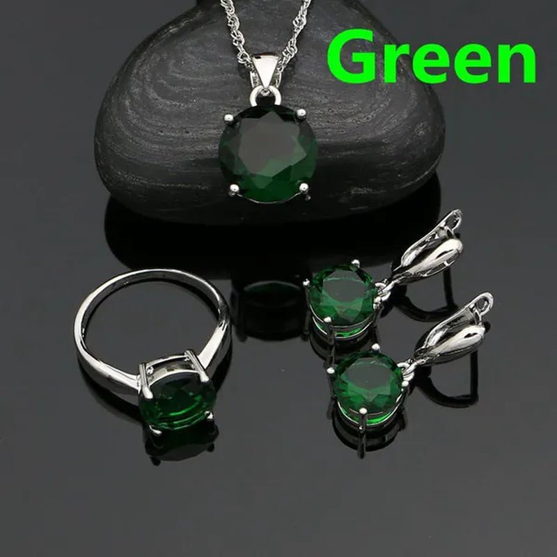 925 Sterling Silver Jewelry Sets Green Emerald Earrings Ring Pendant Neckalce Round Jewelry Women Accessories